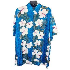 Vintage Indocraft Hawaiian Shirt Men's 2XL Blue White Floral Camp Shirt NOS
